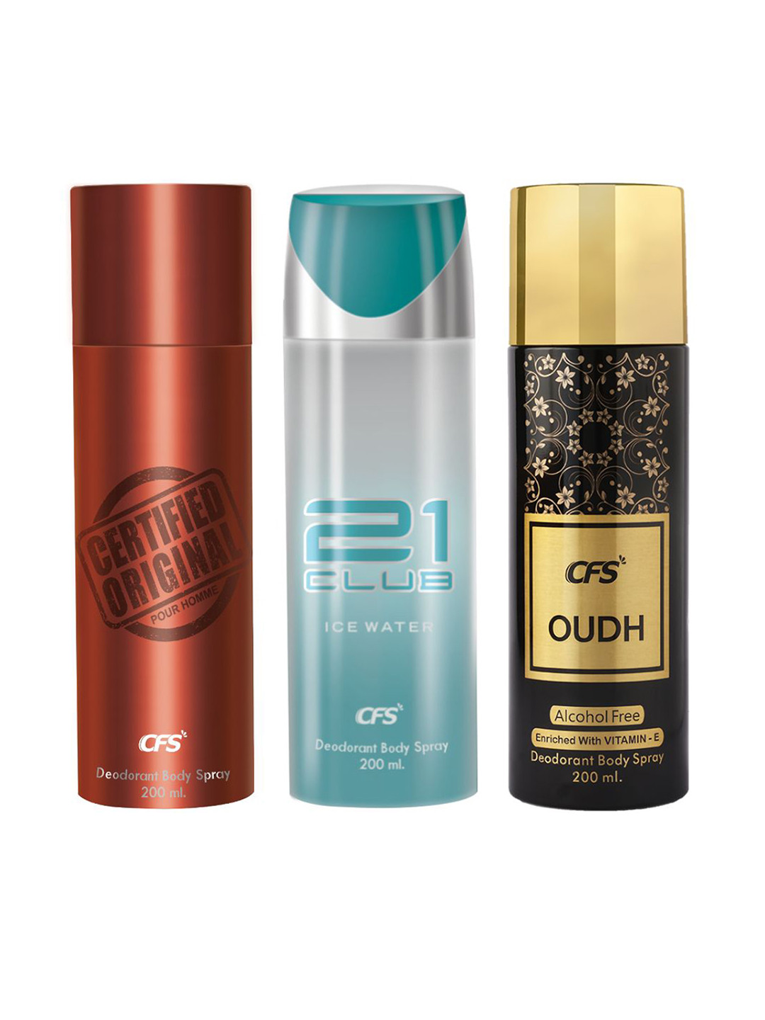 CFS Set Of 3 Certified Original, 21 Club & Oudh Deodorant Body Spray - 200ml Each