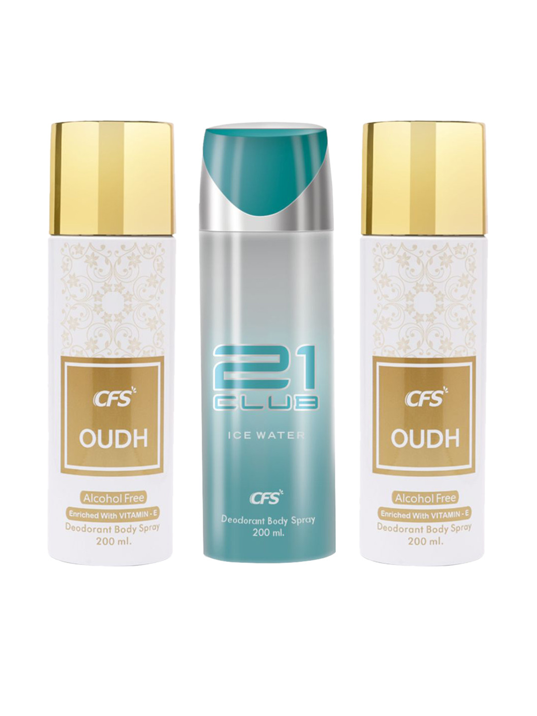 CFS Set Of 3 Deodorants Body Sprays - 21 Club Ice Water + 2Pcs Oudh White 200ml Each
