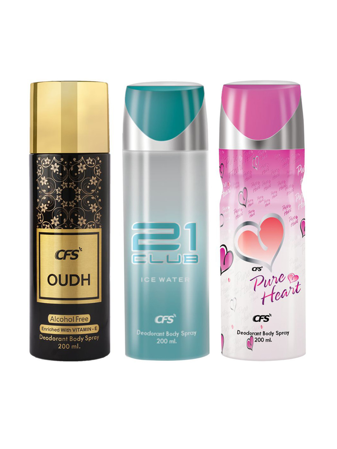 CFS Set Of 3 Oudh 21 Club & Pure Heart Long Lasting Body Spray - 200 ml Each
