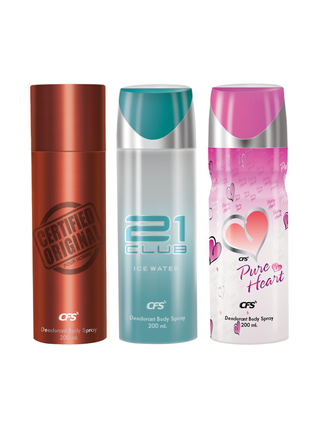 CFS Set Of 3 Certified Original, 21 Club & Pure Heart Deodorant Body Spray - 200ml Each