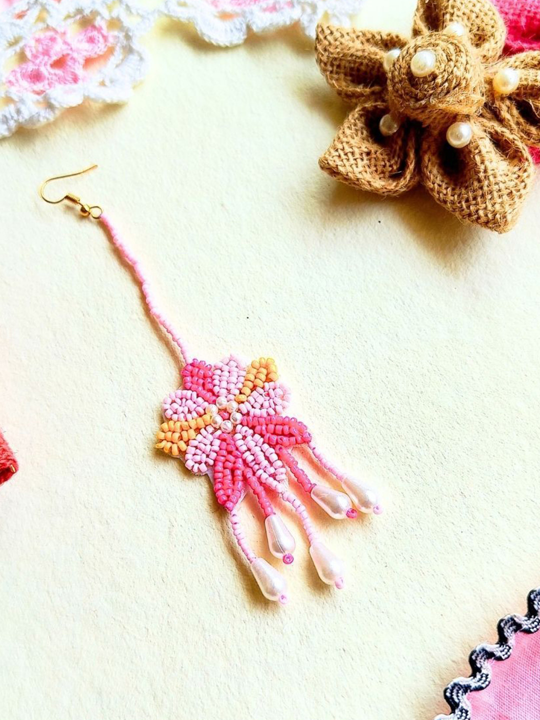 Sangria Pink Floral Beaded Maangtika