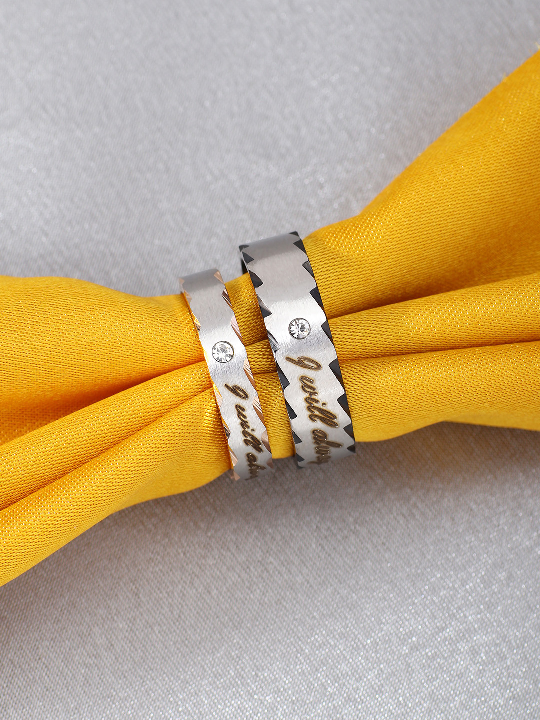 Peora Silver-Toned Printed CZ Stone-Studded Couple Ring Set