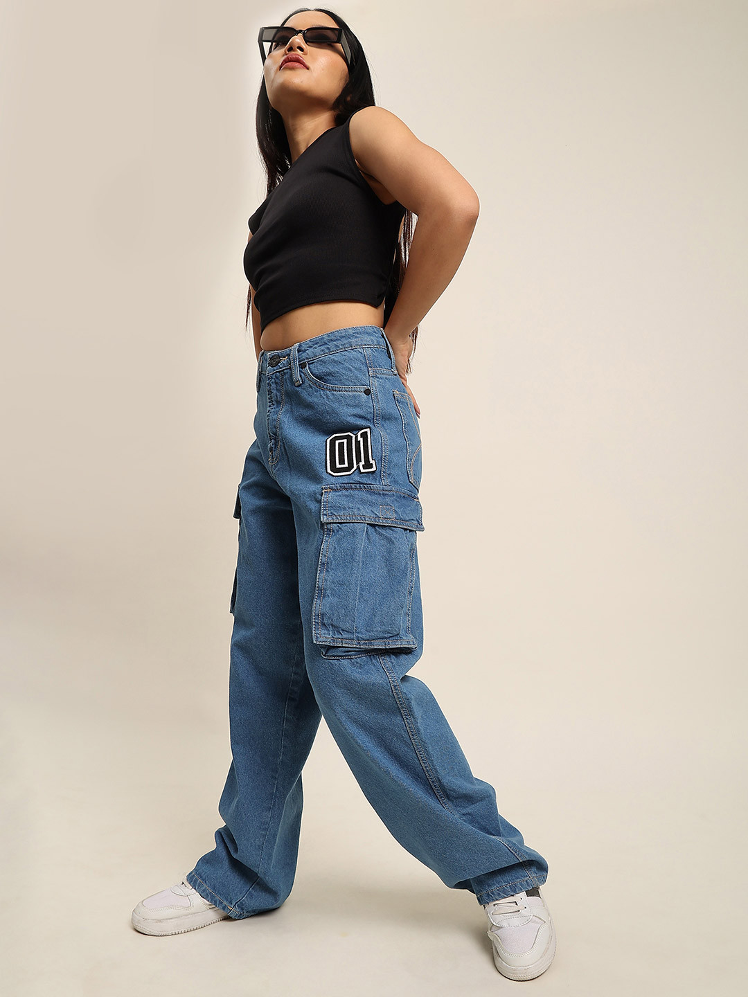 Bene Kleed Women Badge Work High Rise Relaxed Fit Cargo Jeans