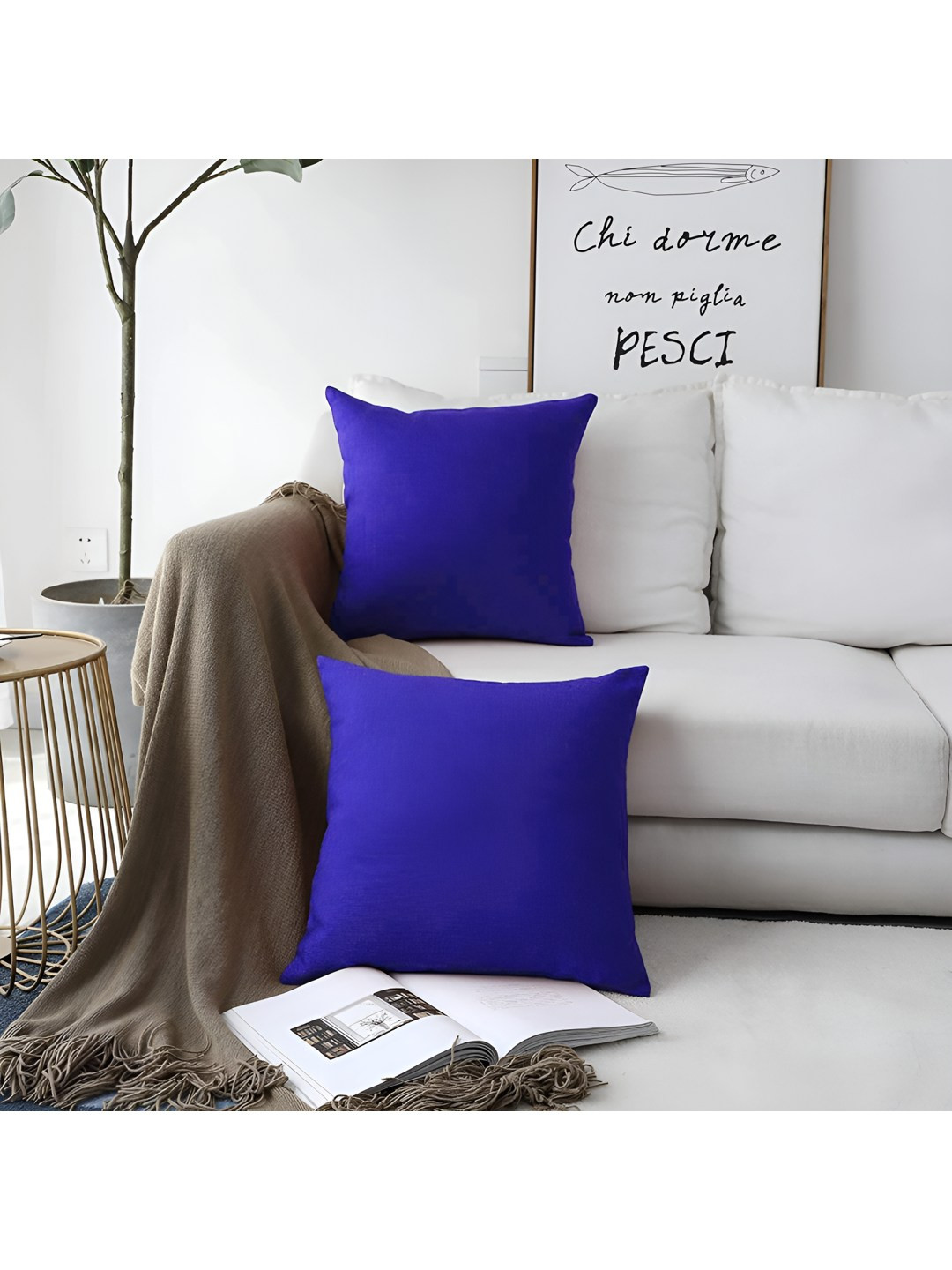 CASA-NEST Blue Jute Silk Washable 4 Piece Square Cushion Covers - 23.6 x 23.6 Inches