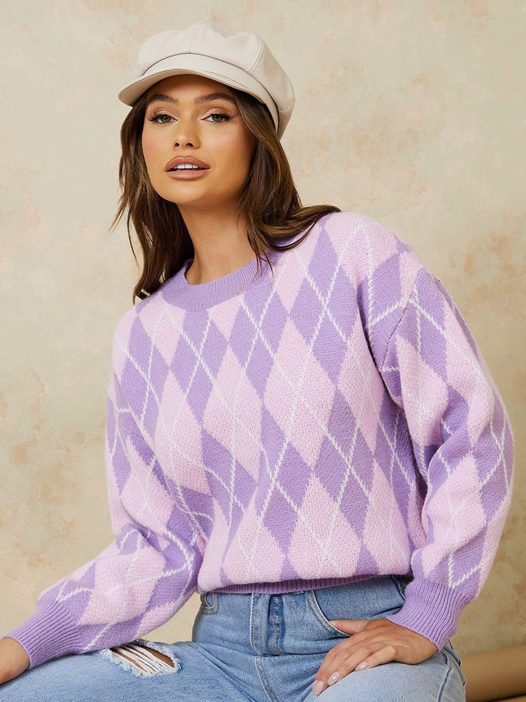 Styli Women Soft Argyle Pattern Regular Fit Casual Pullover Sweater