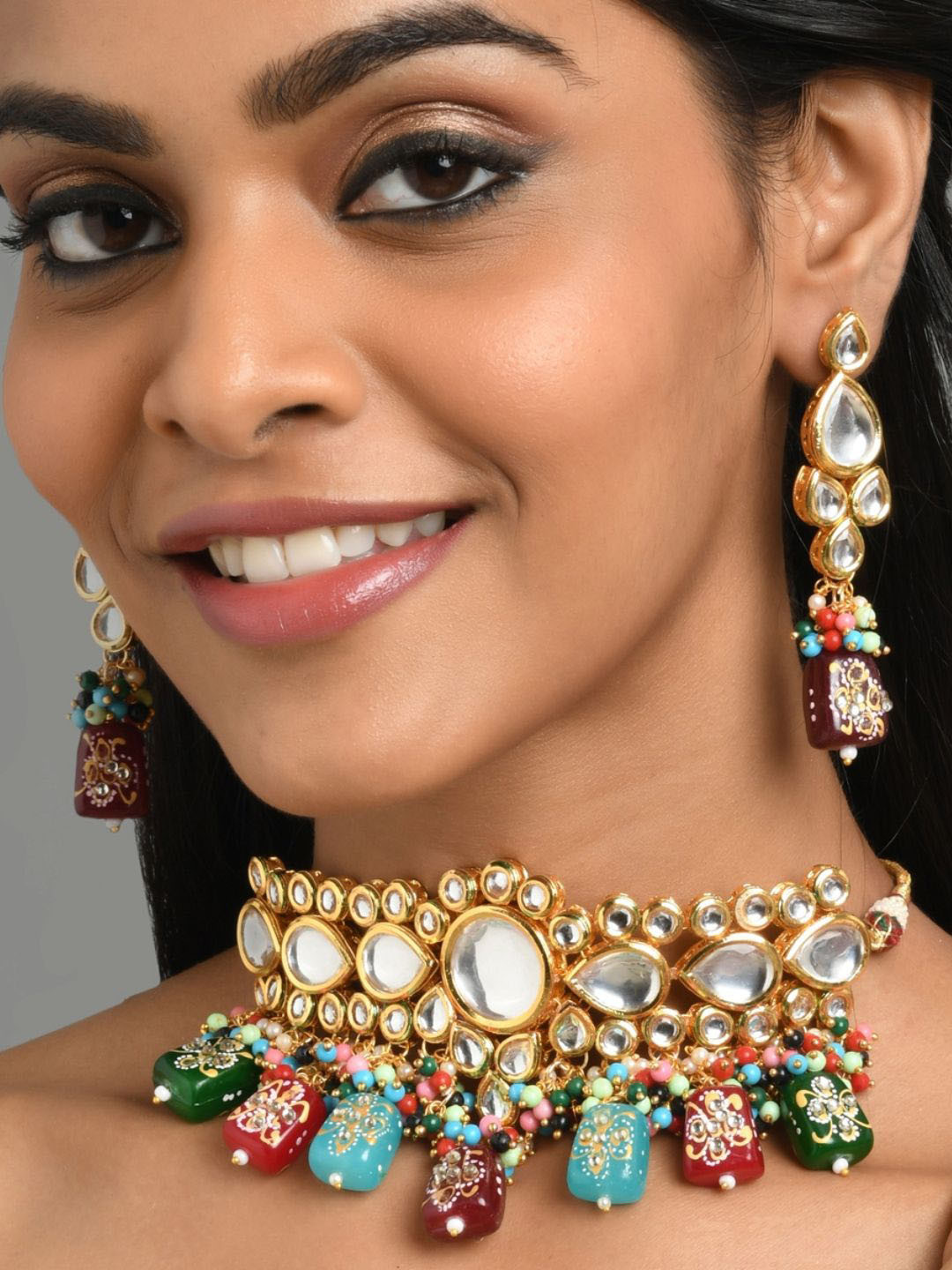 Fida Gold-Plated Kudan-Studded & Pearls Beaded Jewellery Set
