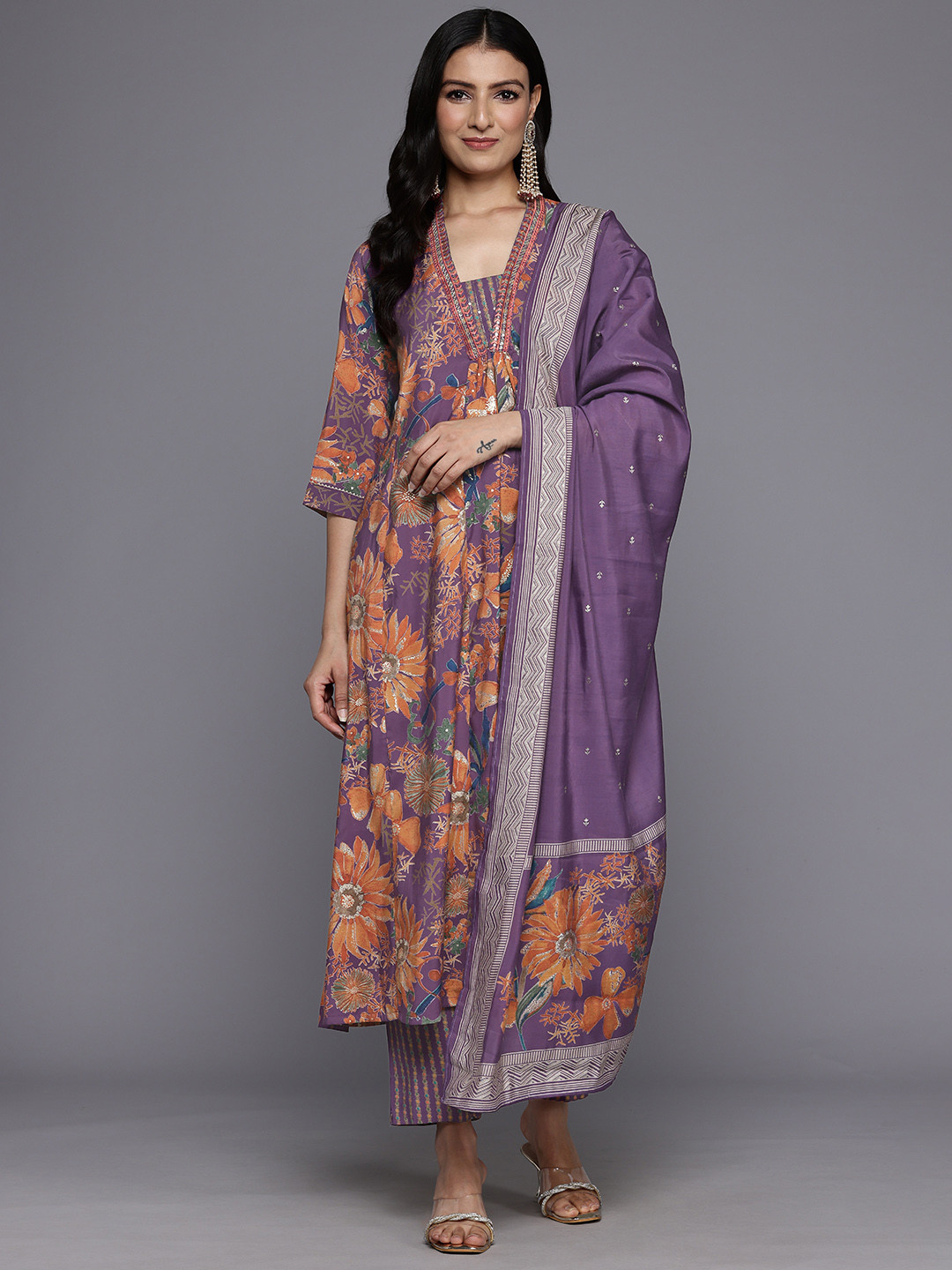 Varanga Ethnic Floral Printed Sequinned Kurta With Trousers & Dupatta