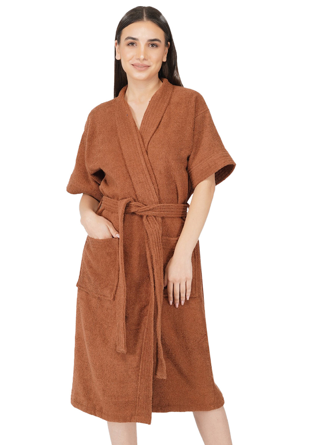 RANGOLI Noble, Side Pocket Brown Cotton Drawstring Midi Bath Robe with Pair Slipper-L