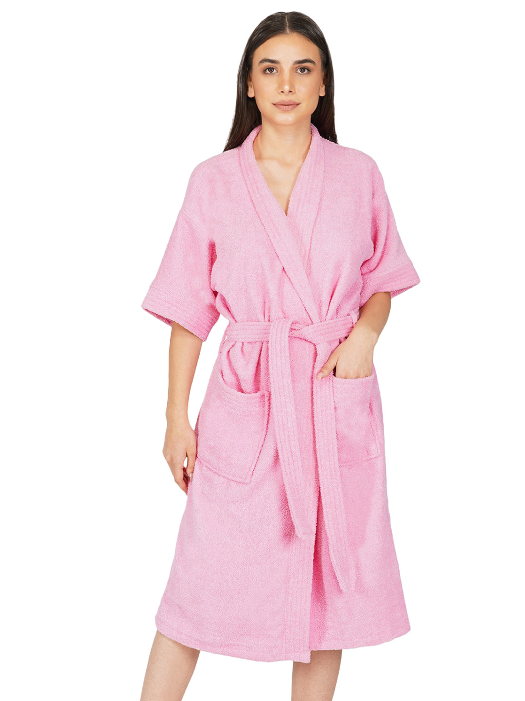 RANGOLI Noble, Side Pocket Pink Cotton Drawstring Midi Bath Robe with Pair Slipper-L