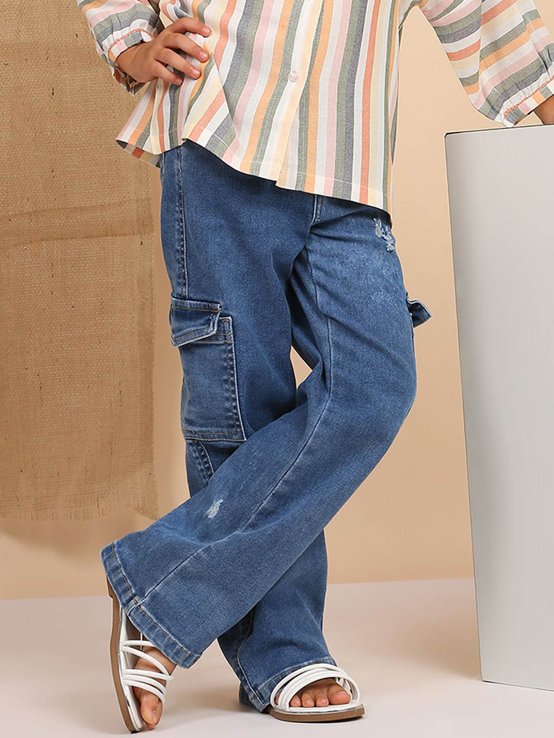 My Milestones Girls Straight Fit Low Distress Light Fade Stretchable Jeans