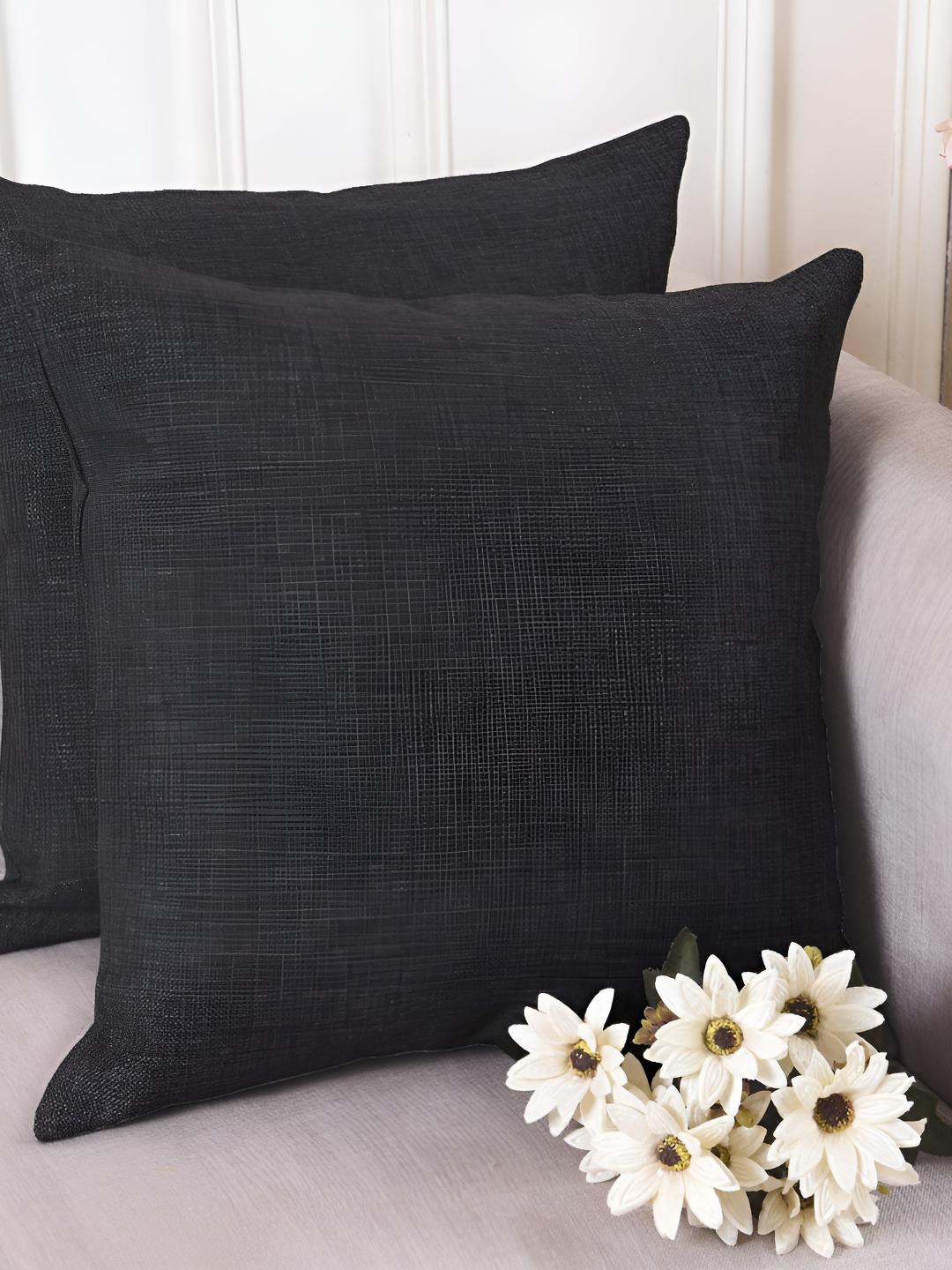 CASA-NEST Black Polyester Silk Durable 2 Piece Textured Square Cushion Covers -18x18In