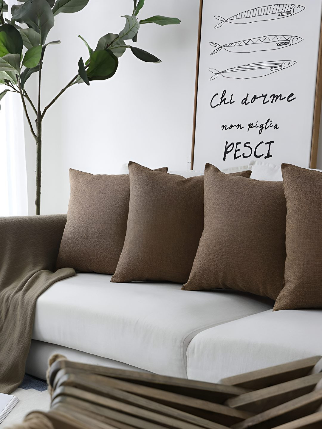 CASA-NEST Khaki Jute Silk Washable 4 Pcs Square Cushion Covers - 18 x 18 In