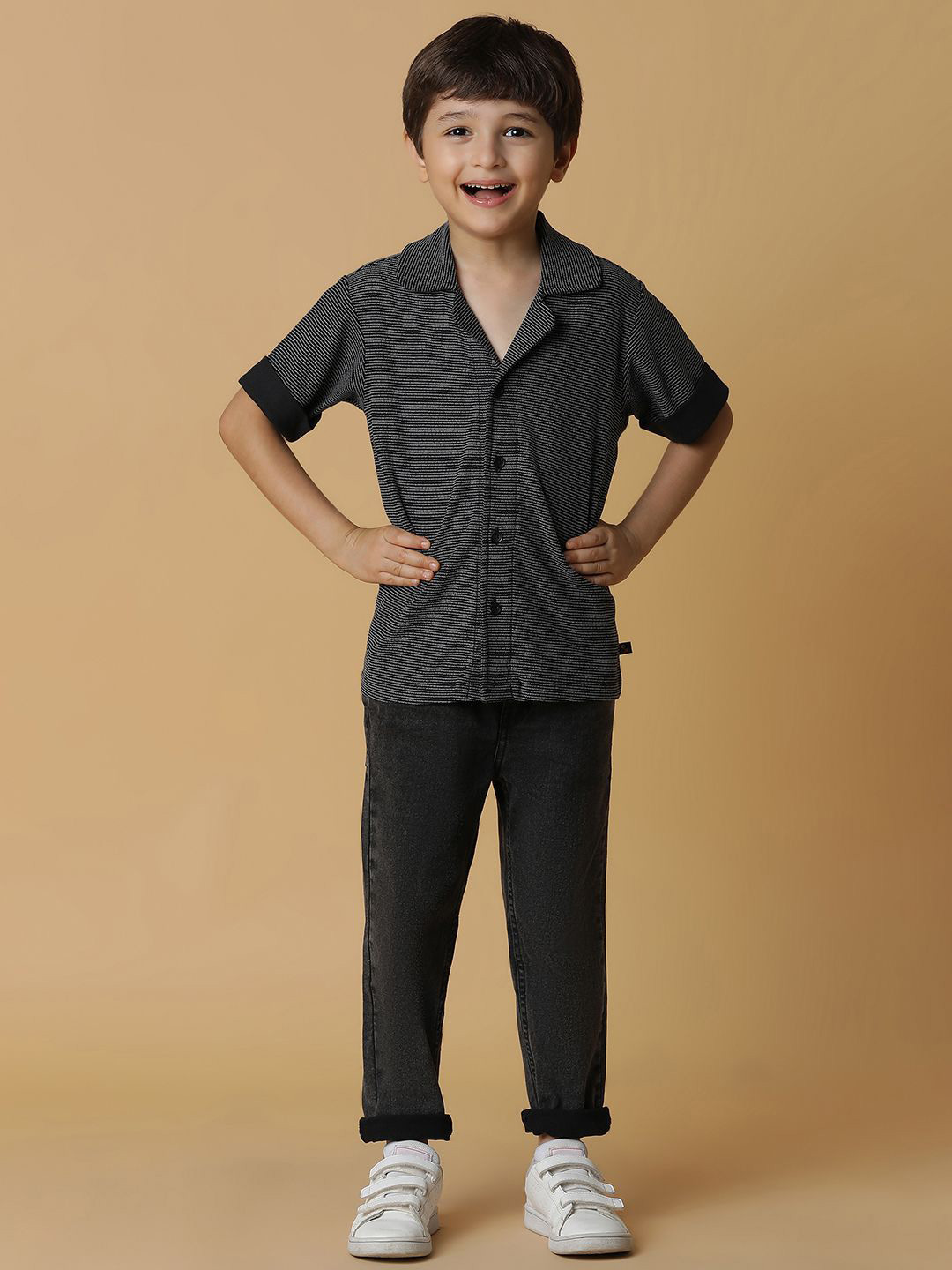 TALES & STORIES Striped Micro Ditsy Cotton Short Sleeves Shirt