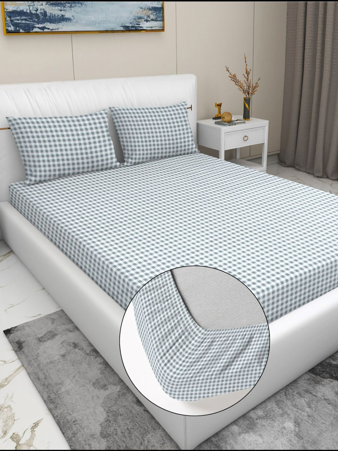 RD TREND Amulya Grey Checked Cotton 210 TC Fitted King Superfine Bedsheet with 2 Pillow Covers-182.88 x 198.12 x 20.32 cm