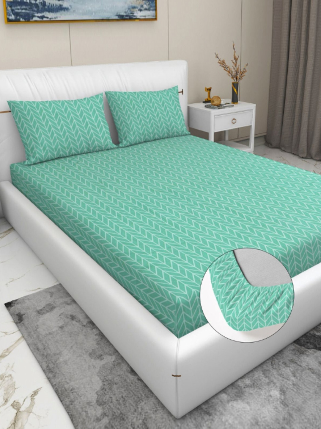 RD TREND Green Geometric Cotton 210 TC Fitted King Superfine Bedsheet with 2 Pillow Covers-198.12 x 182.88 cm