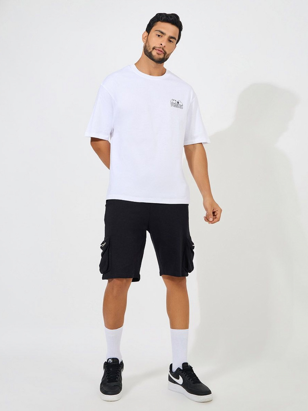 Styli Men Snoopy Chest Graphic Printed Compact Jersey Oversized Tee