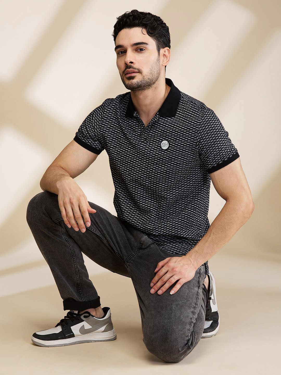Being Human Men Polka Dot Printed Polo Collar Monochrome Applique T-shirt