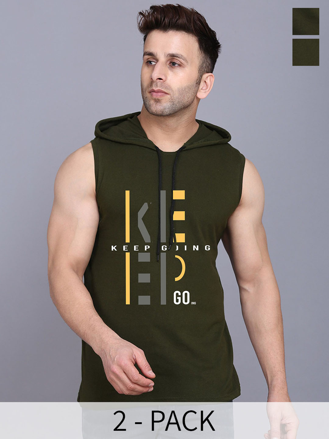 SLOWLORIS Pack Of 2 Printed Hooded Gym Vests SL28 COMBO (KEEP OLIVE) (JUST OLIVE)