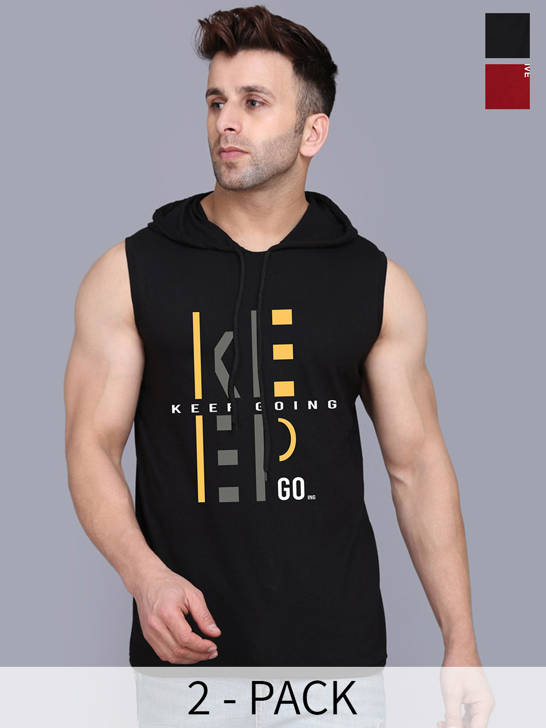 SLOWLORIS Pack Of 2 Printed Hooded Gym Vests SL28 COMBO (KEEP BLACK) (JUST MAROON)