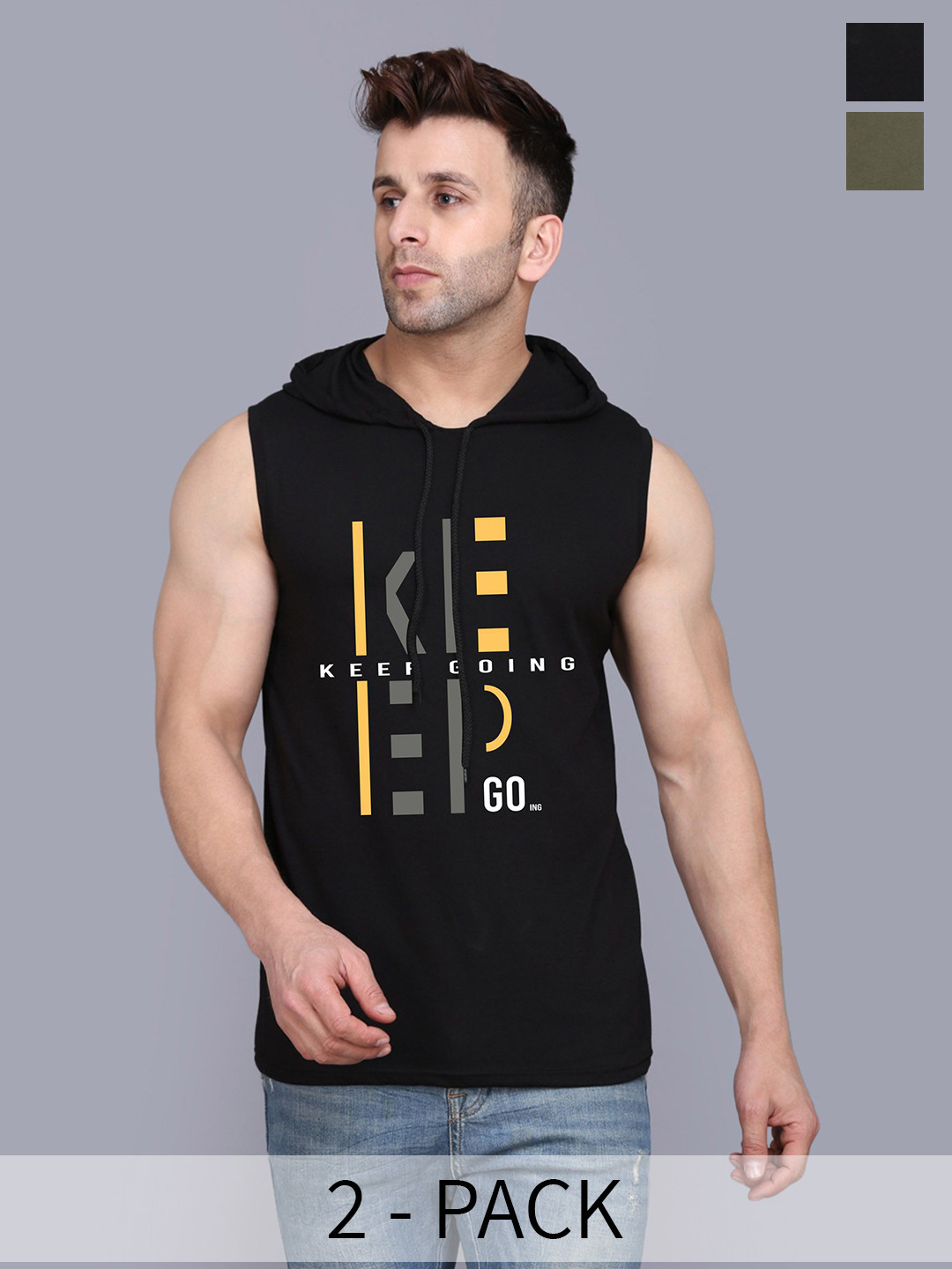 SLOWLORIS Pack of 2 Printed   Innerwear Vests L28 COMBO (KEEP BLACK) (NVR OLIVE)