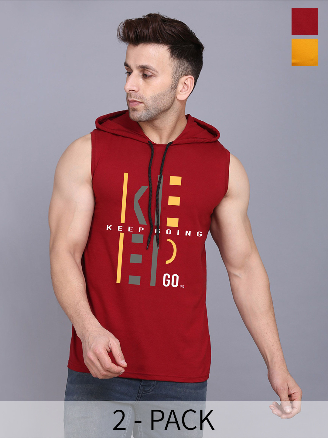SLOWLORIS Pack Of 2 Printed Hooded Gym Vests SL28 COMBO (KEEP MAROON) (ADV MUSTARD)