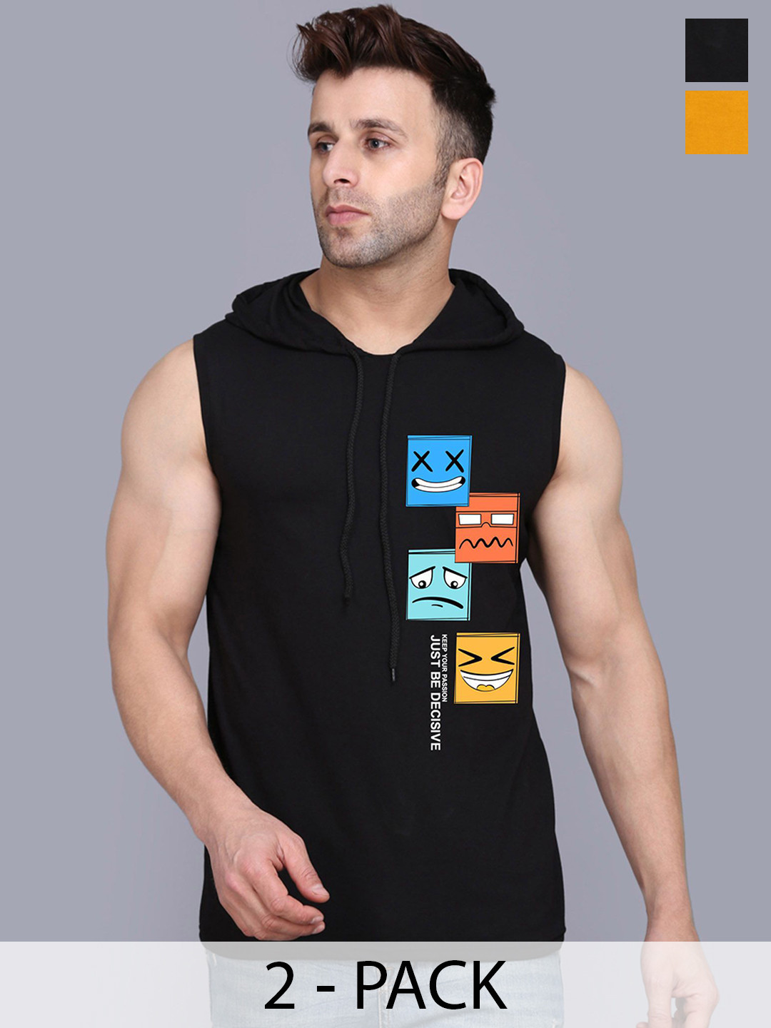 SLOWLORIS Pack Of 2 Printed Sleeveless Gym Vests-SL28 COMBO (KEEP MUSTARD) (JUST BLACK)