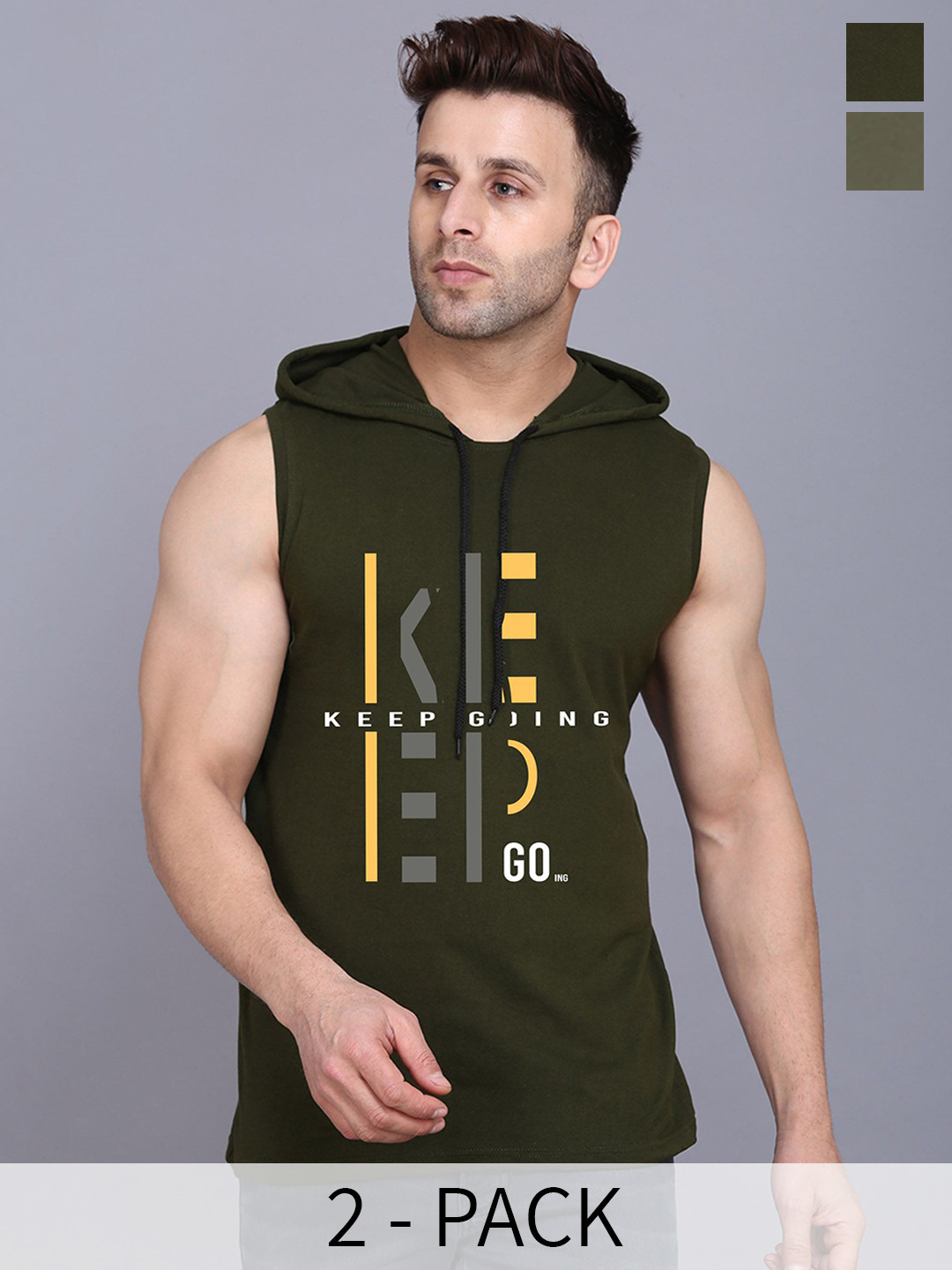 SLOWLORIS Pack Of 2 Printed Sleeveless Gym Vests-SL28 COMBO (KEEP OLIVE) (NVR OLIVE)