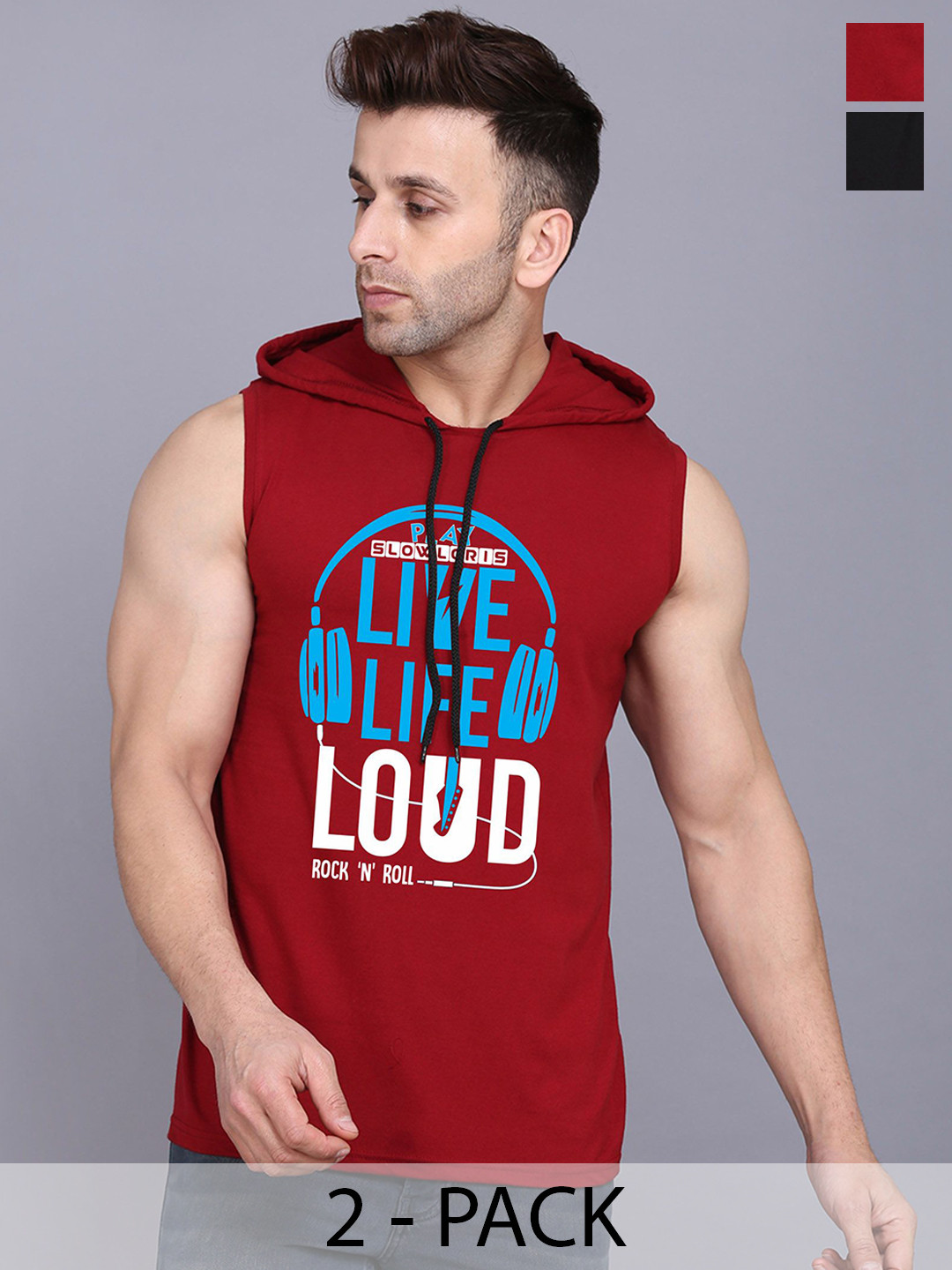 SLOWLORIS Pack Of 2 Printed Gym Innerwear Vests SL28 COMBO (KEEP BLACK) (LOUD MAROON)