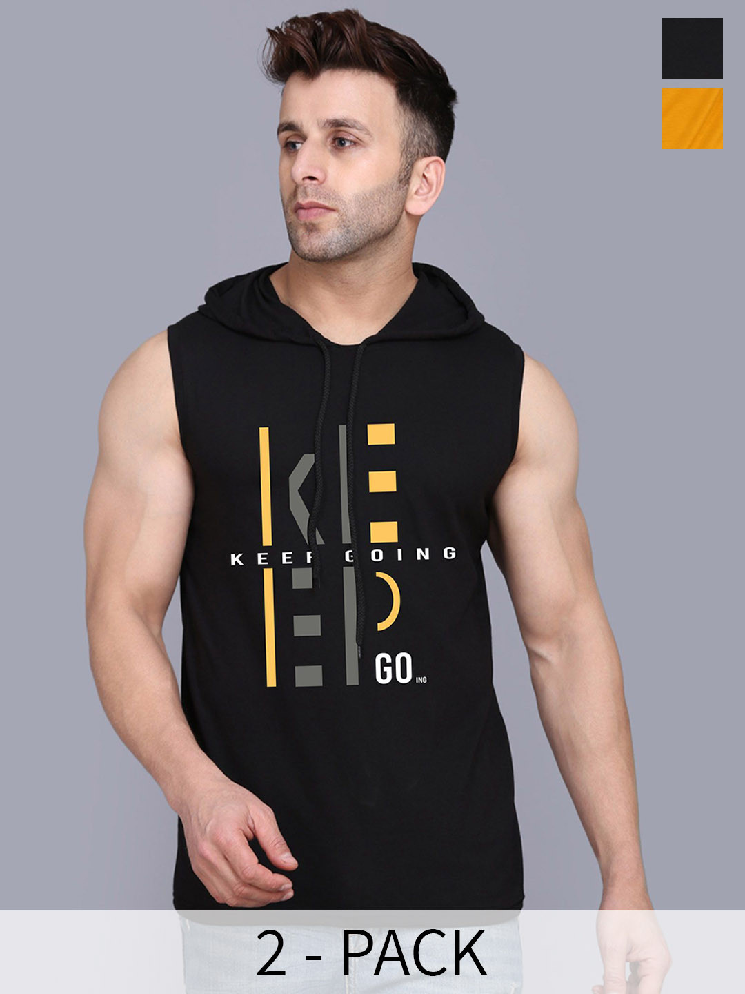 SLOWLORIS Pack Of 2 Printed Hooded Gym Vests SL28 COMBO (KEEP BLACK) (JUST MUSTARD)
