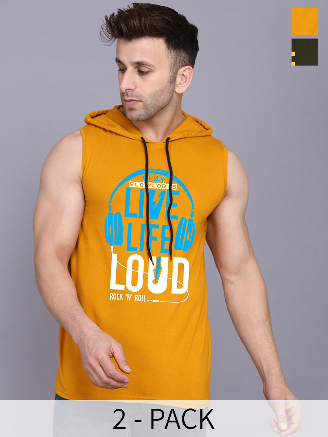 SLOWLORIS Pack Of 2 Printed Gym Innerwear Vests SL28 COMBO (KEEP OLIVE) (LOUD MUSTARD)