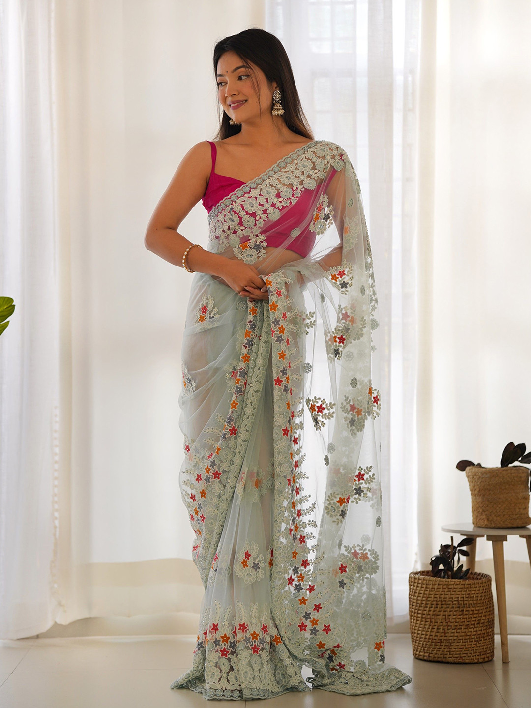 Munir Embellished Beads and Stones Net Saree
