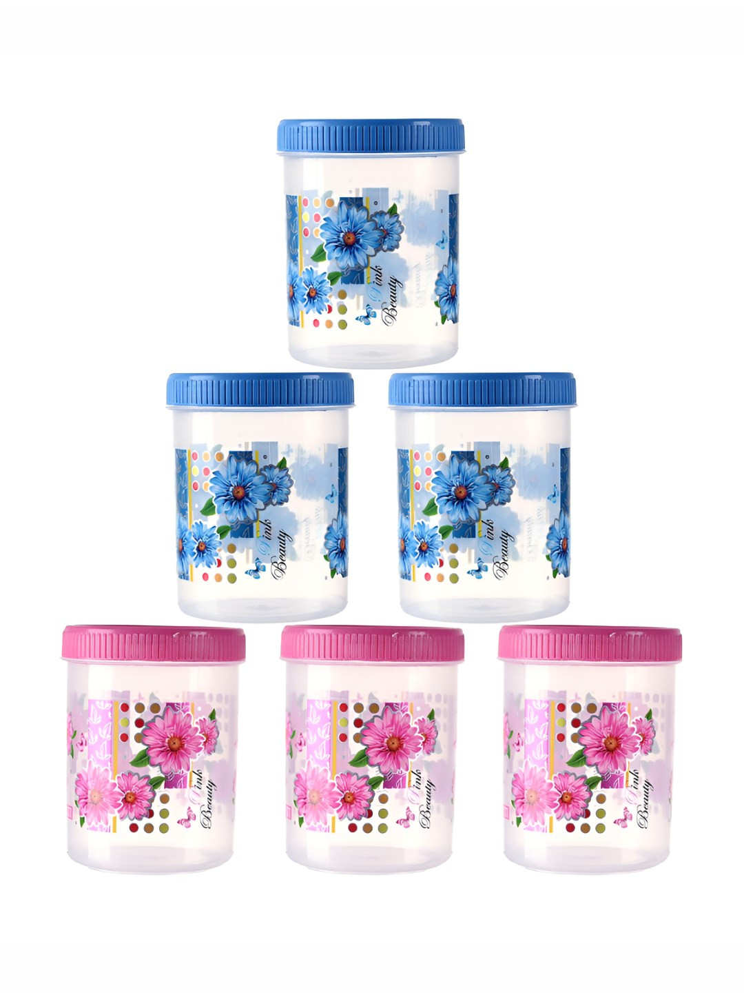 Kuber industries Pink Floral Plastic Easy To Clean 6 Piece Screw Top Canister-1L