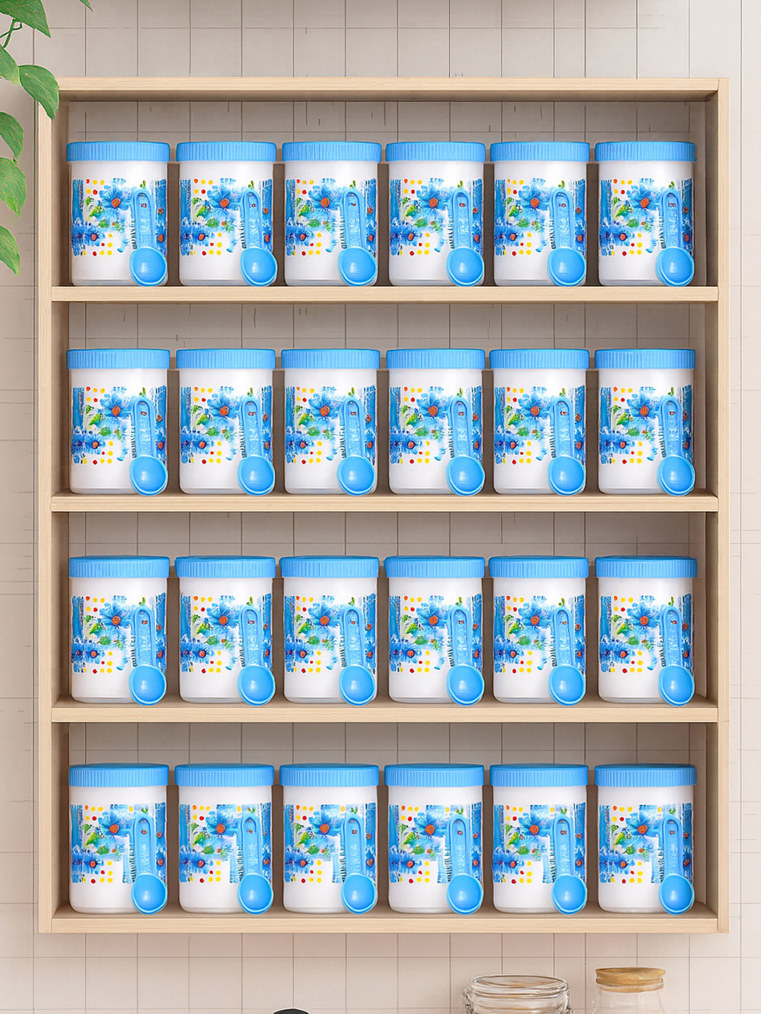 Kuber industries Blue Floral Plastic Easy To Clean 24 Piece Screw Top Jar-500ml