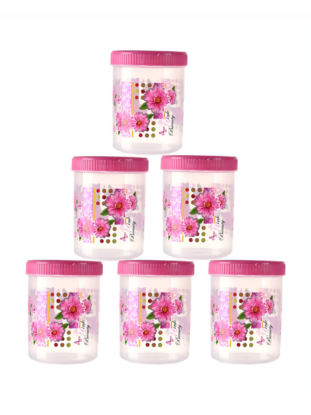 Kuber industries Pink Floral Plastic Easy To Clean 6 Piece Screw Top Canister-500ml
