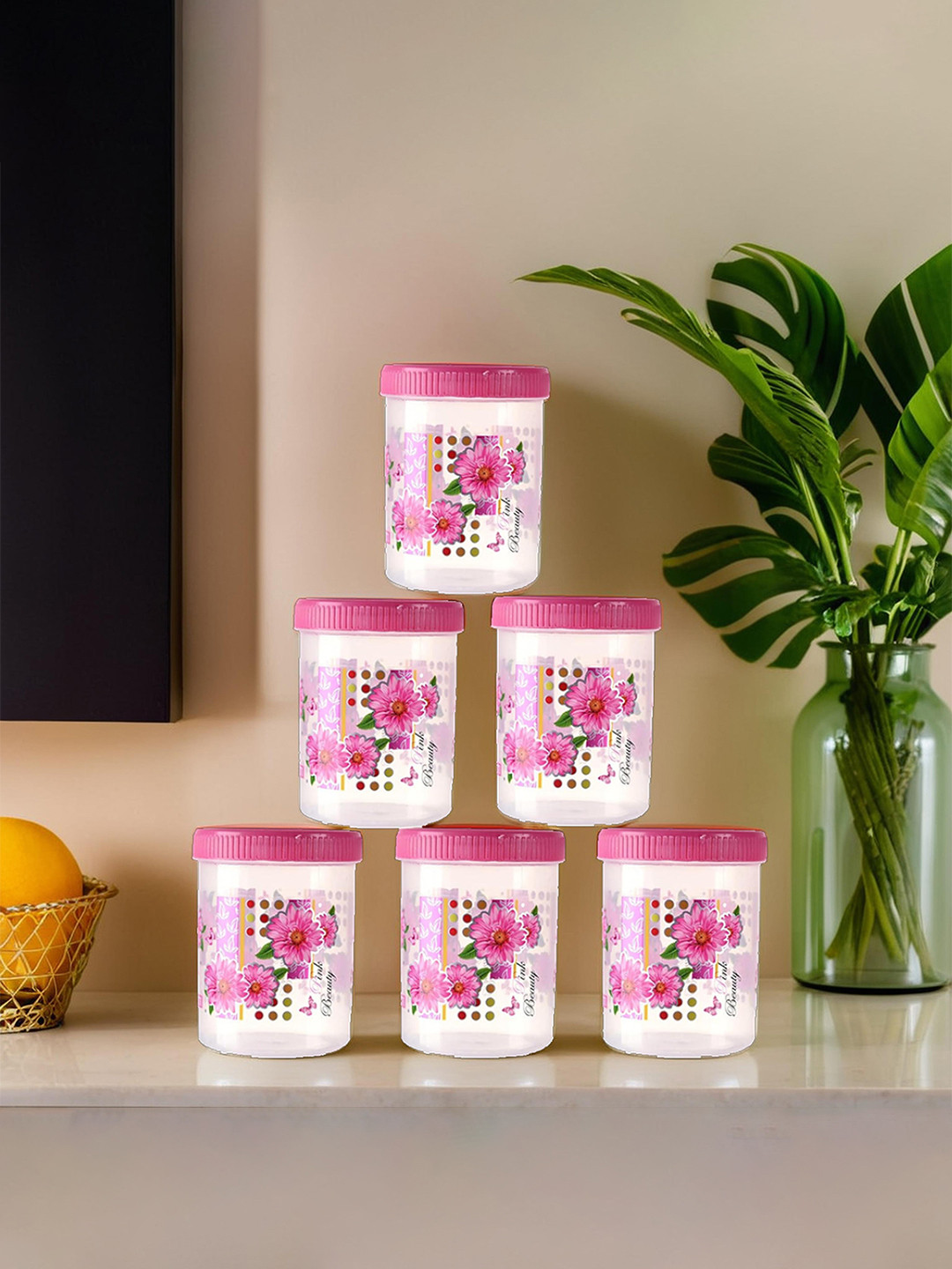 Kuber industries Pink Floral Plastic Easy To Clean 6 Piece Screw Top Jar-1L