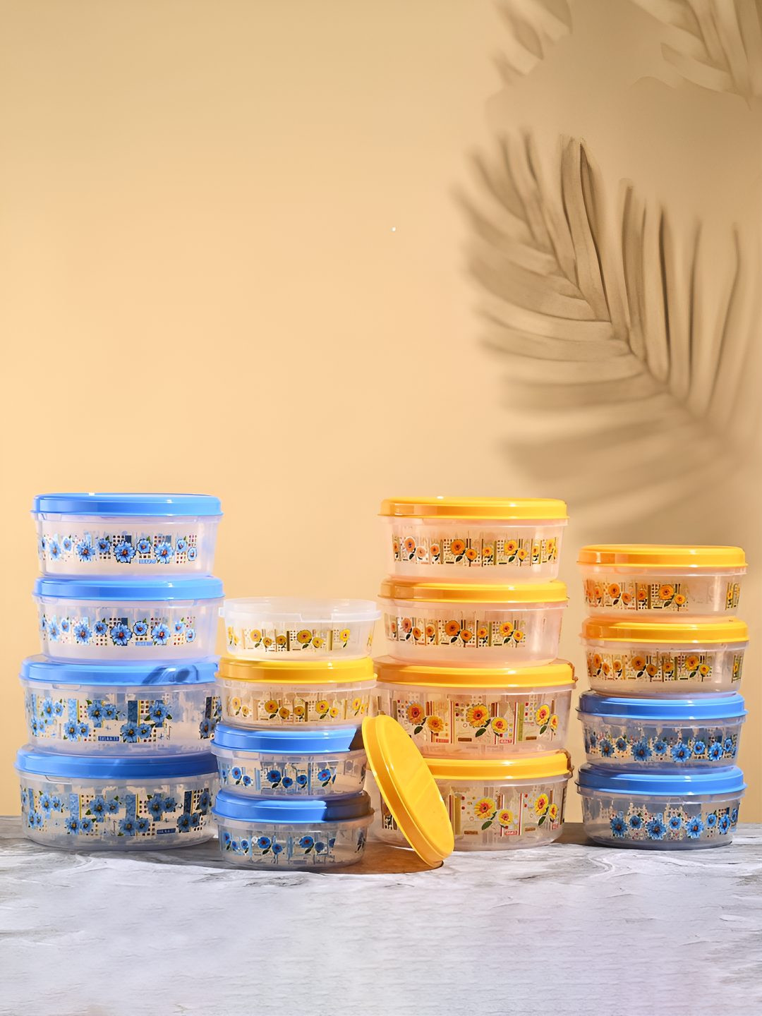 Kuber industries Yellow Floral Plastic Easy To Clean 16 Piece Screw Top Canister