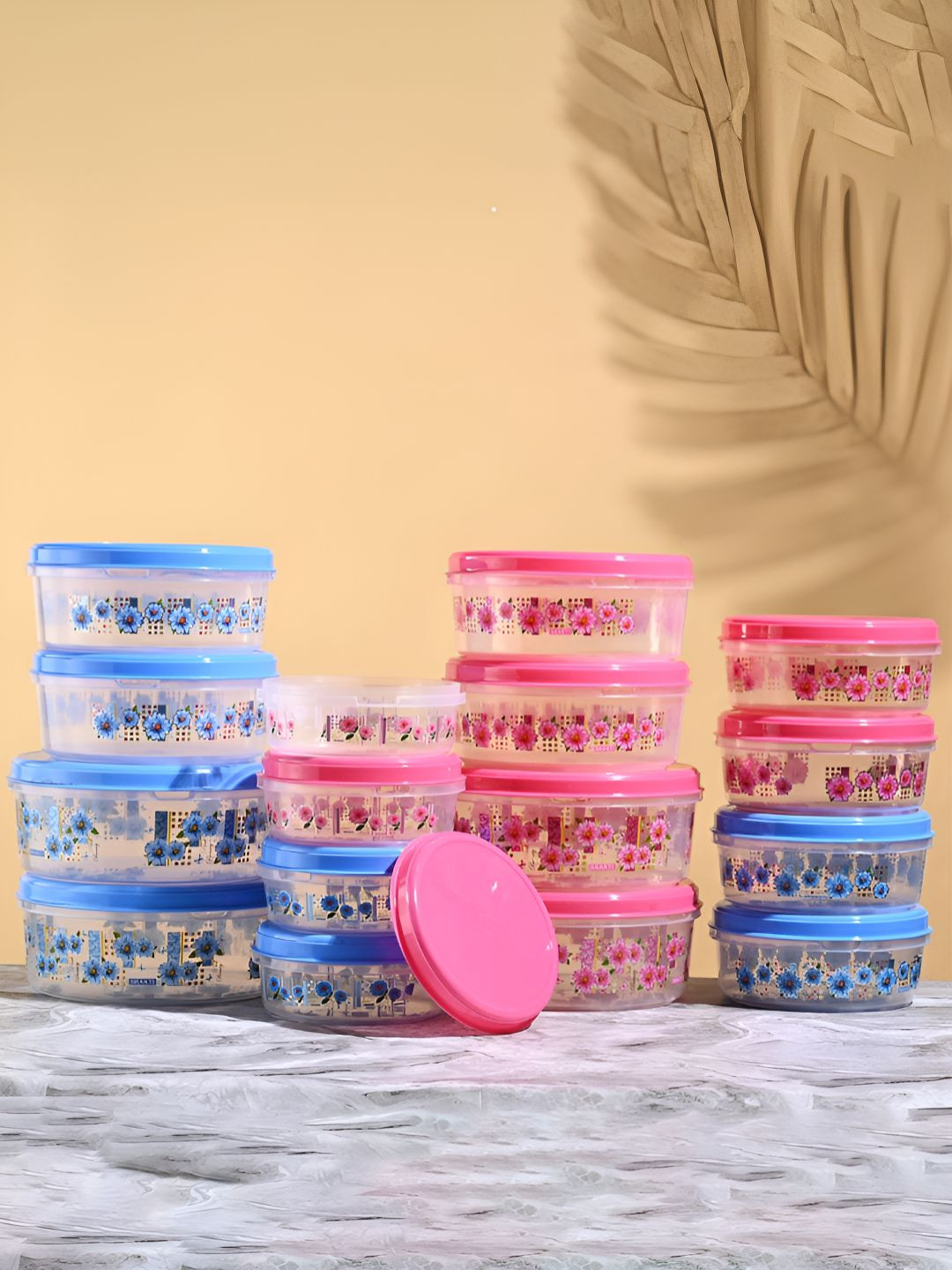 Kuber industries Pink Floral Plastic Easy To Clean 16 Piece Flip Top Canister