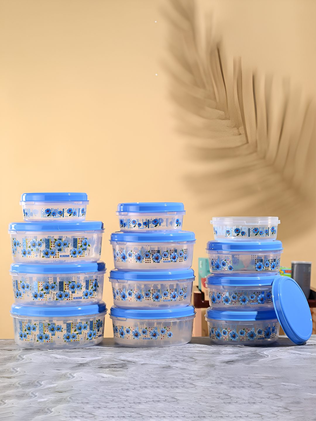Kuber industries Blue Floral Plastic Easy To Clean 12 Piece Flip Top Canister