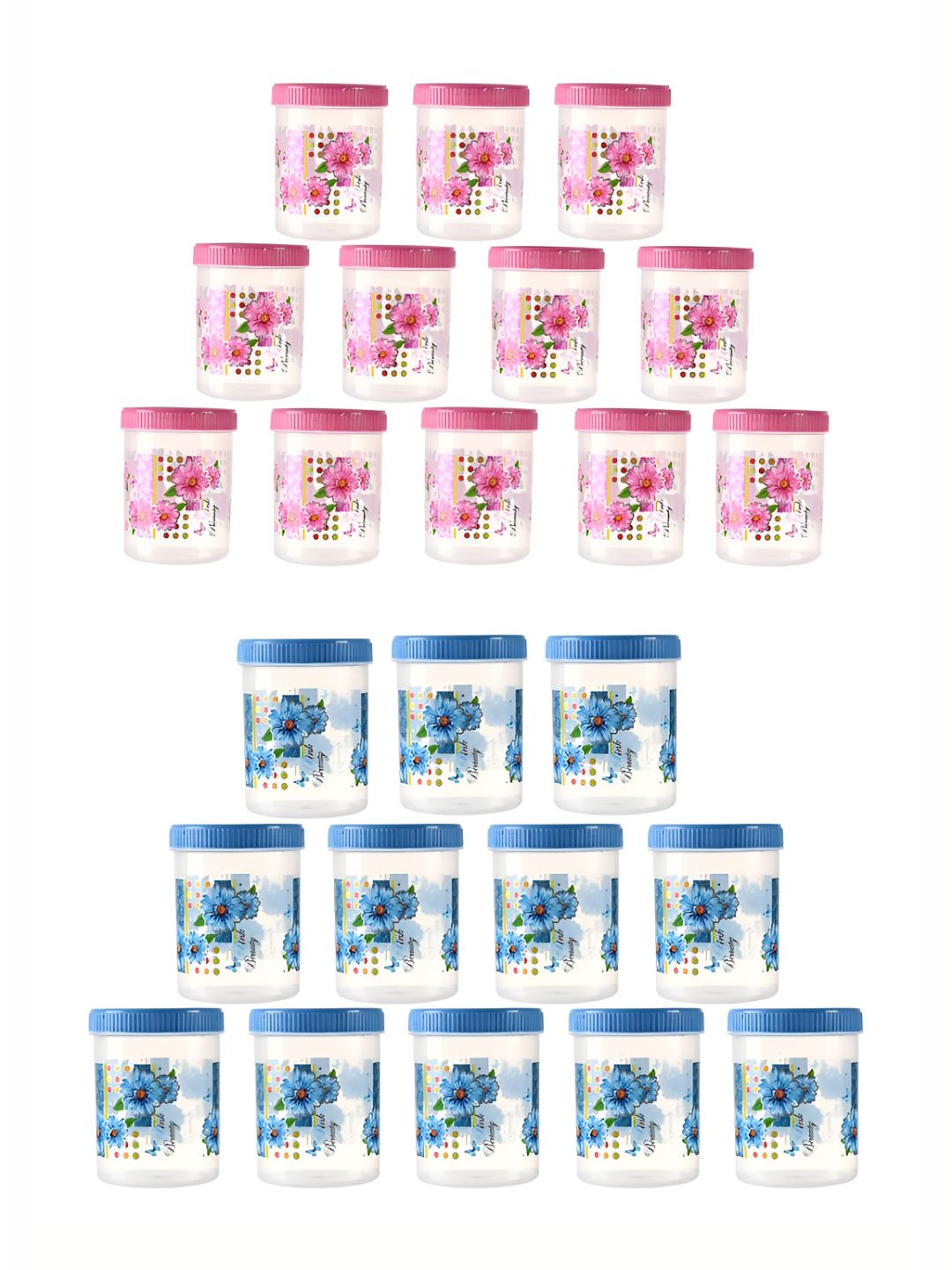 Kuber industries Pink Floral Plastic Easy To Clean 24 Piece Screw Top Jar