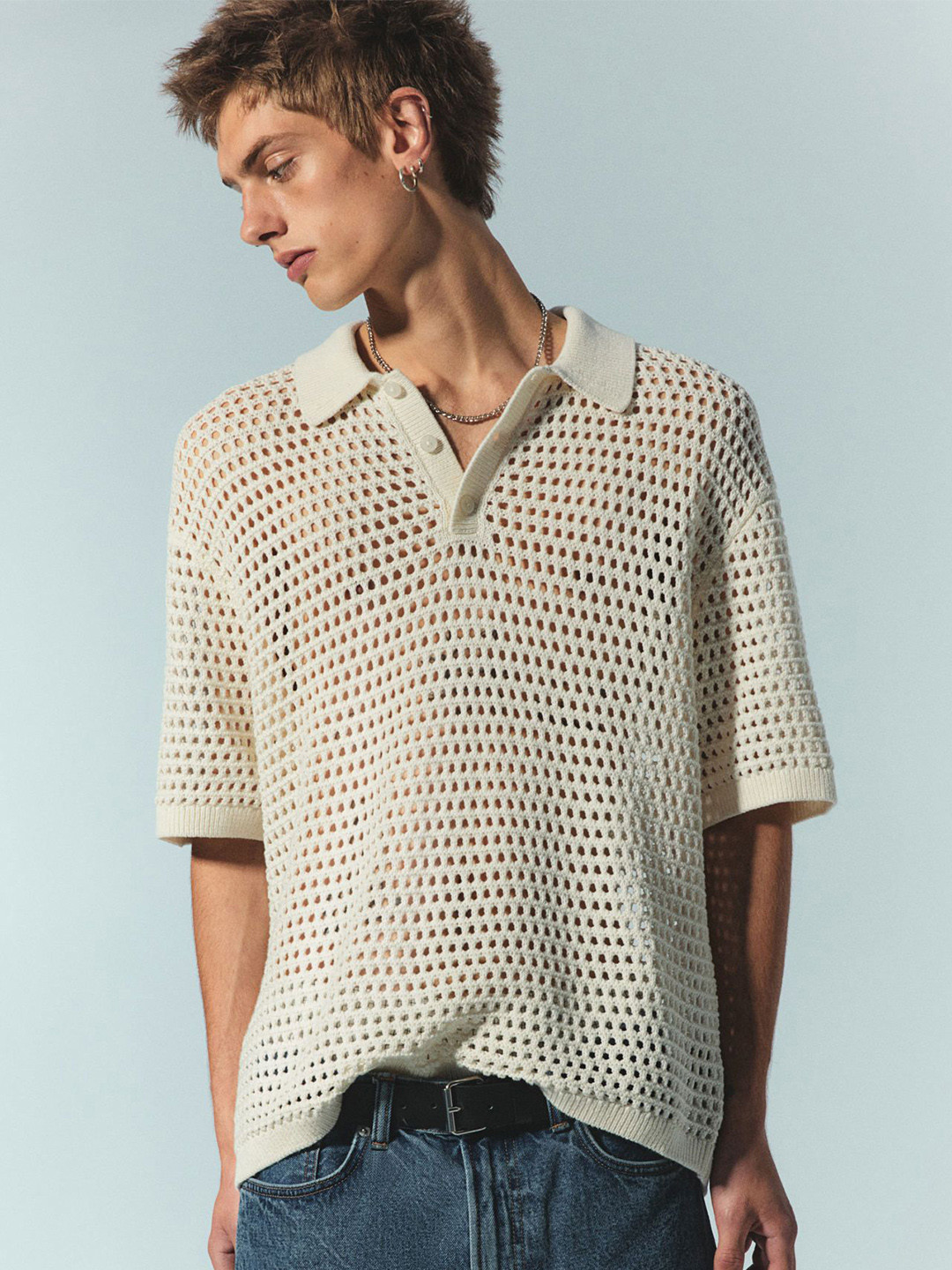 H&M Men Loose Fit Hole-Knit Polo T-Shirt