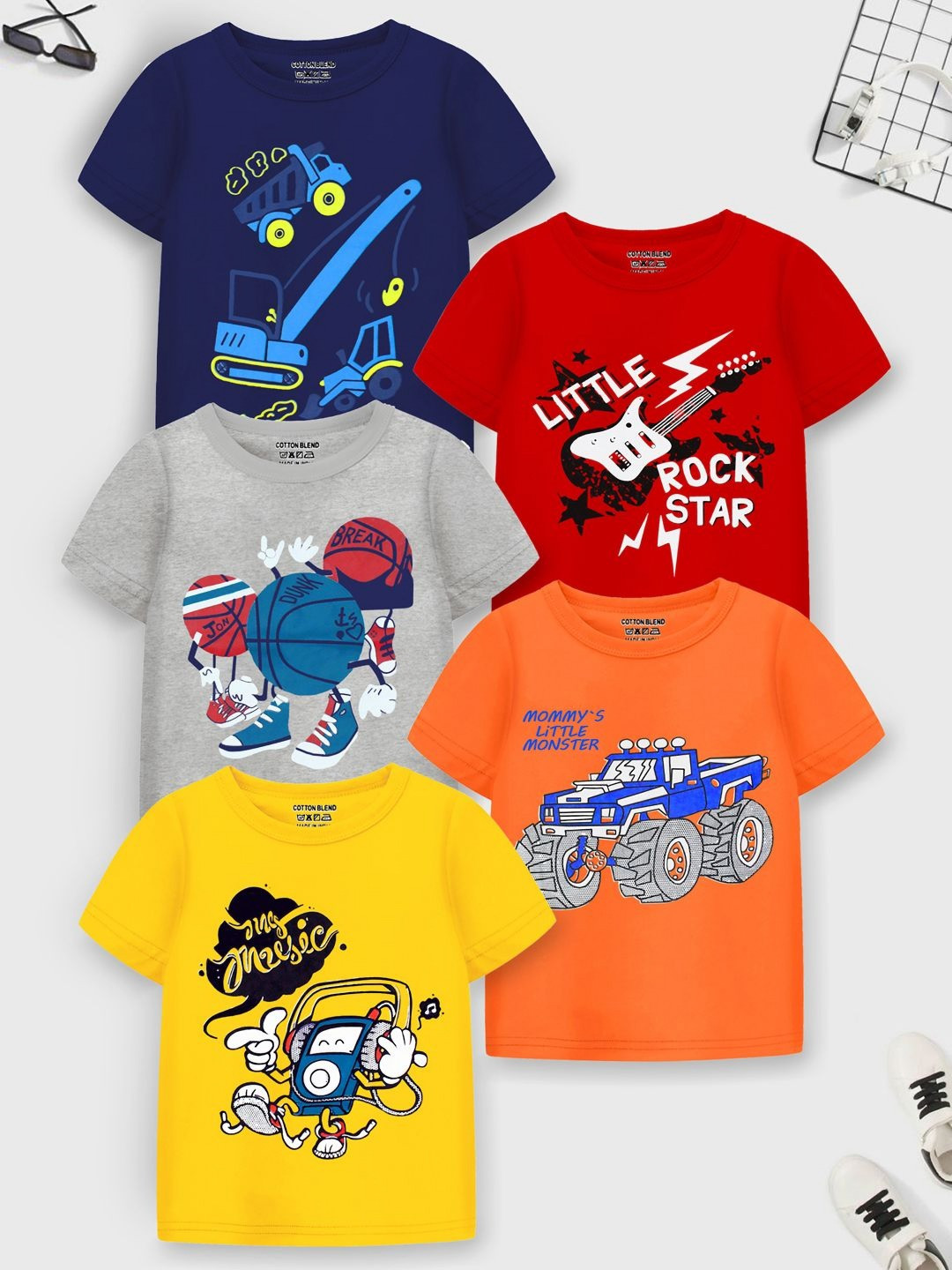 YK X Trampoline Girls Pack Of 5 Graphic Printed Round Neck Cotton T-shirts