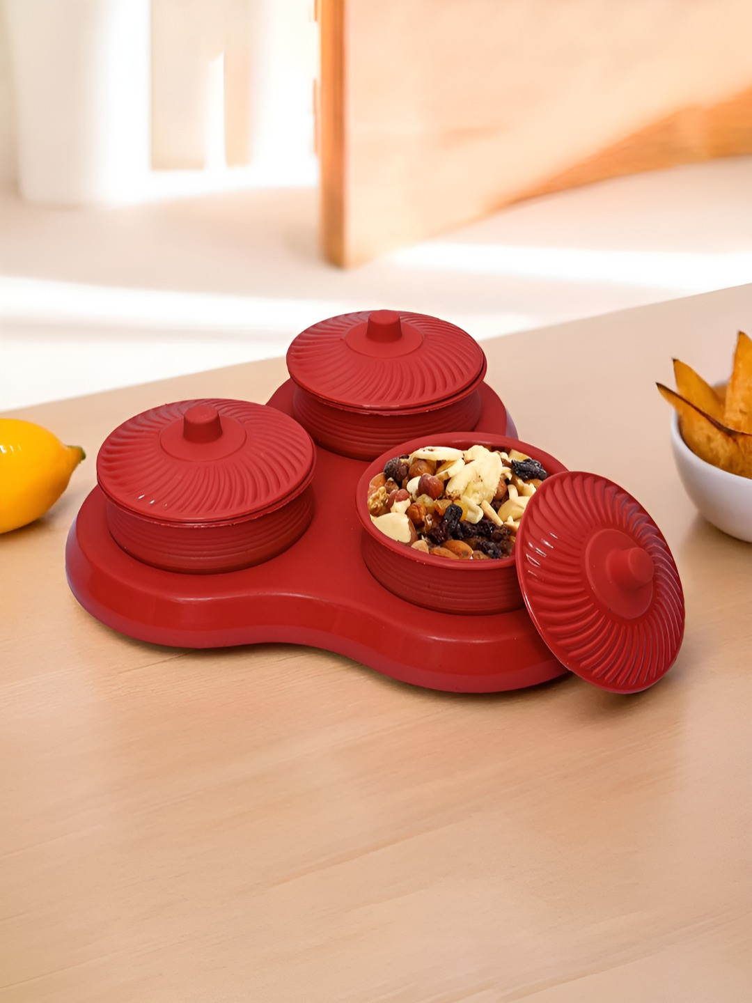 Kuber industries Red Plastic 3 Piece Screw Top Canister