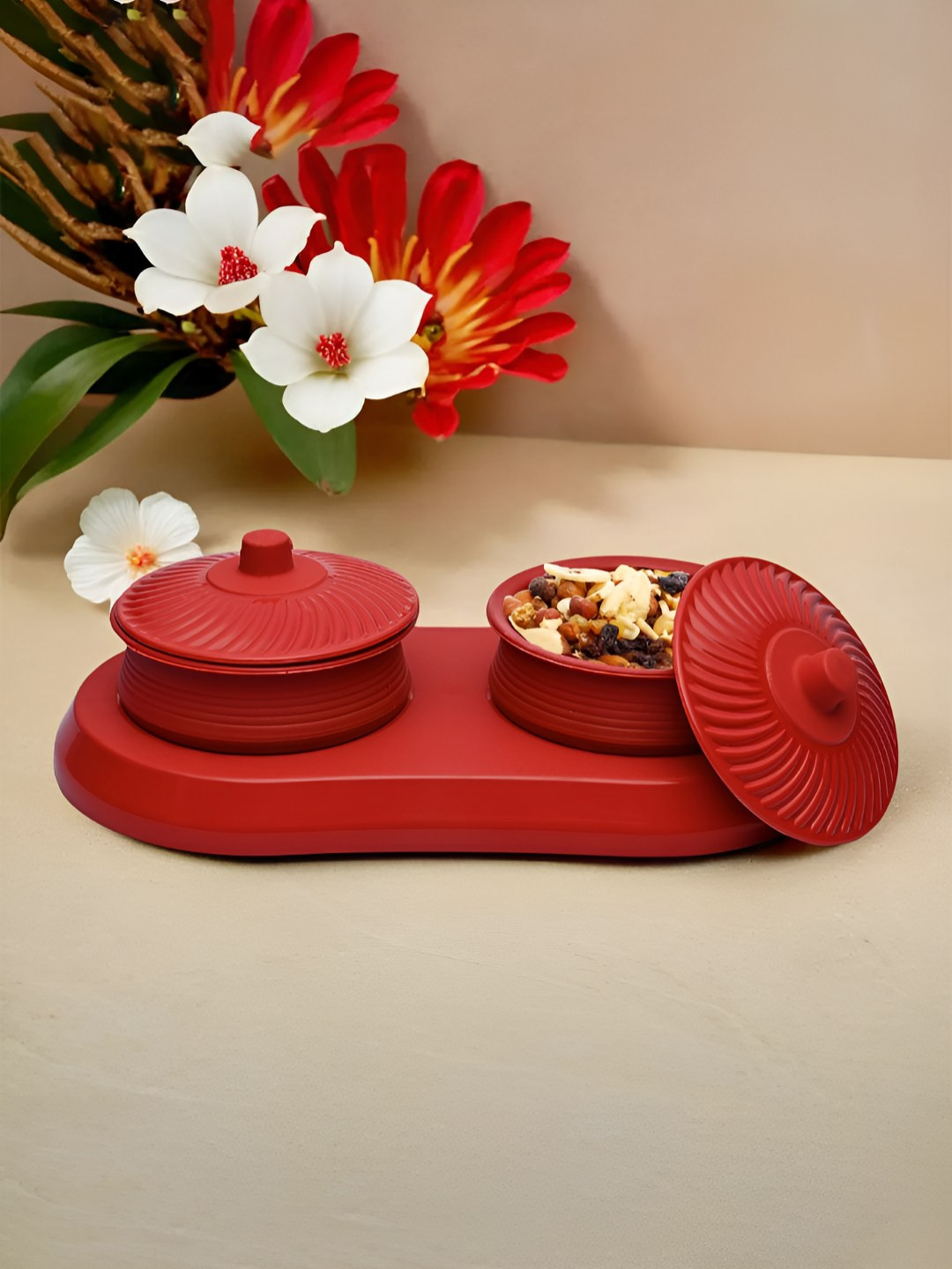 Kuber industries Matuki Red Plastic 2 Piece Flip Top Canister