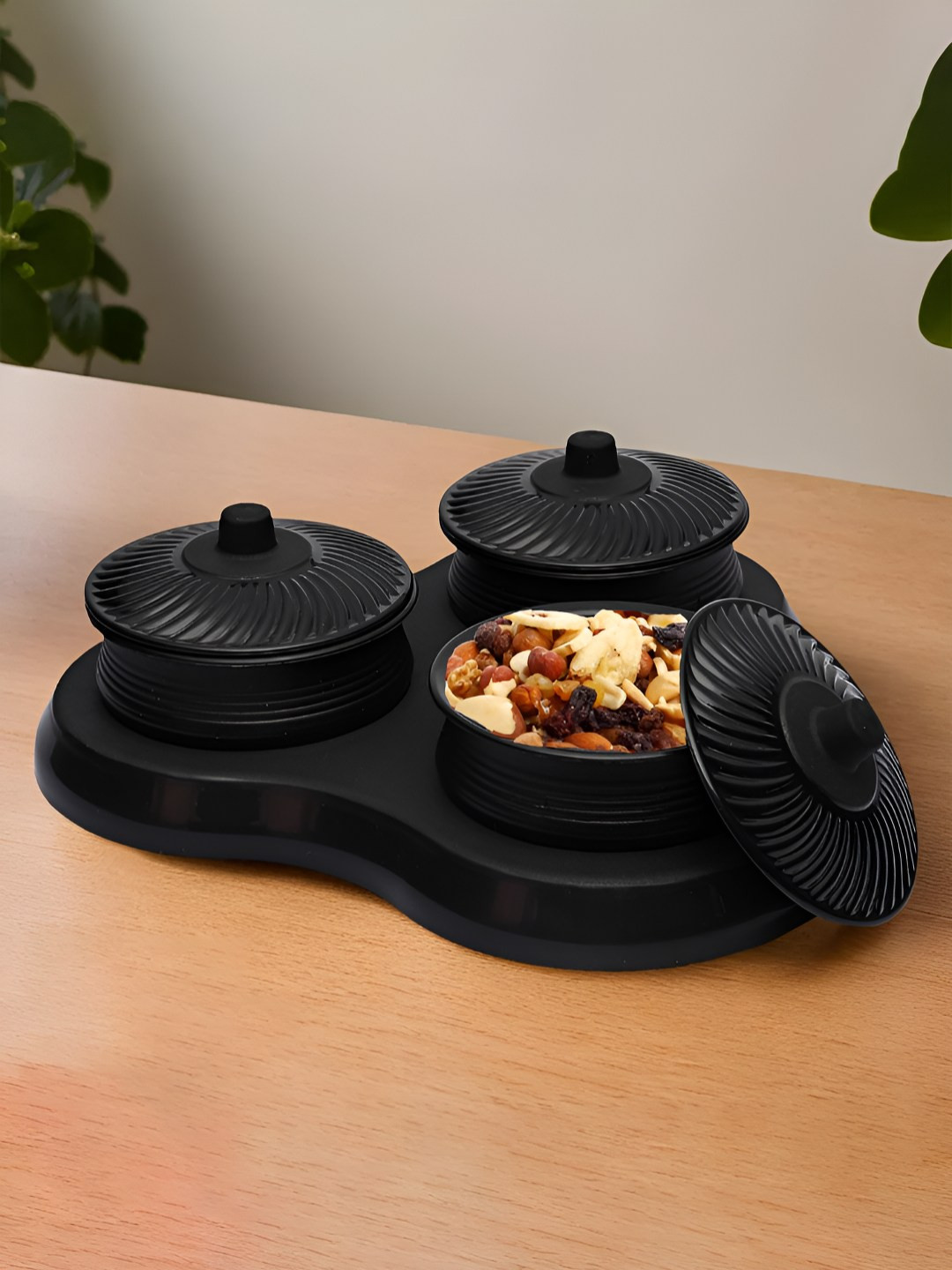Kuber industries Matuki Black Plastic 3 Piece Flip Top Canister