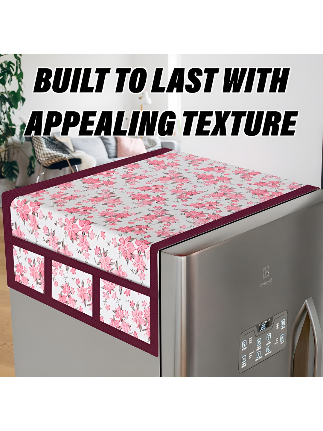 Dakshya Industries White & Pink Printed Fridge Cover With Side Storage