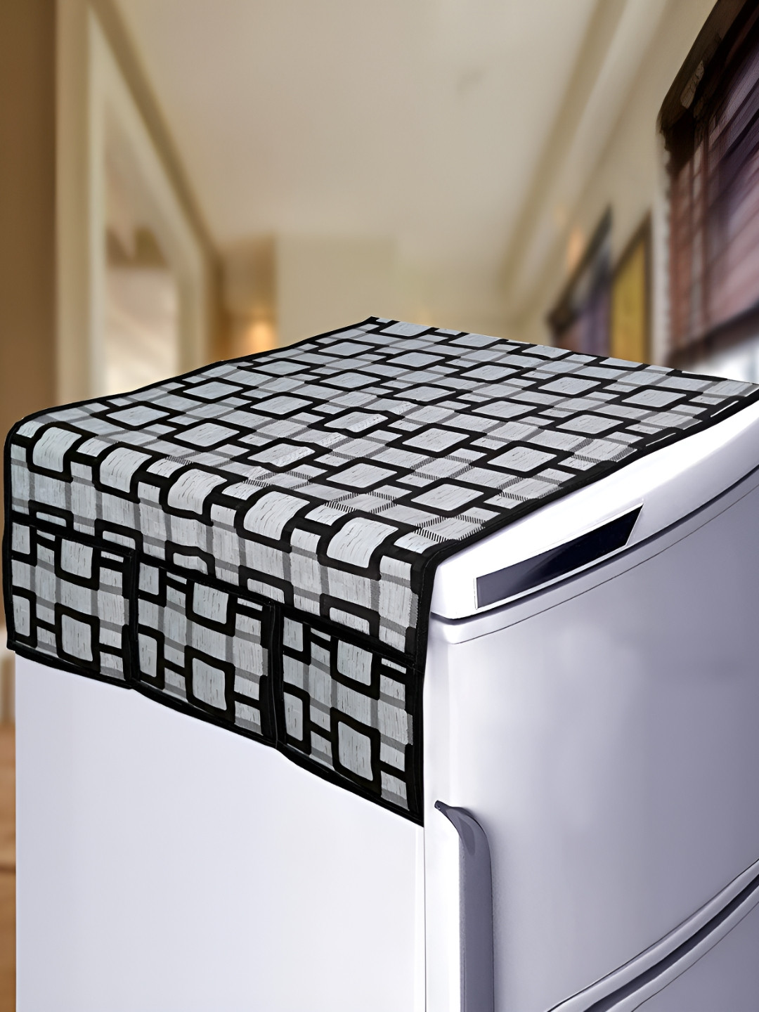 Dakshya Industries Grey & Black Printed Fridge Top Cover