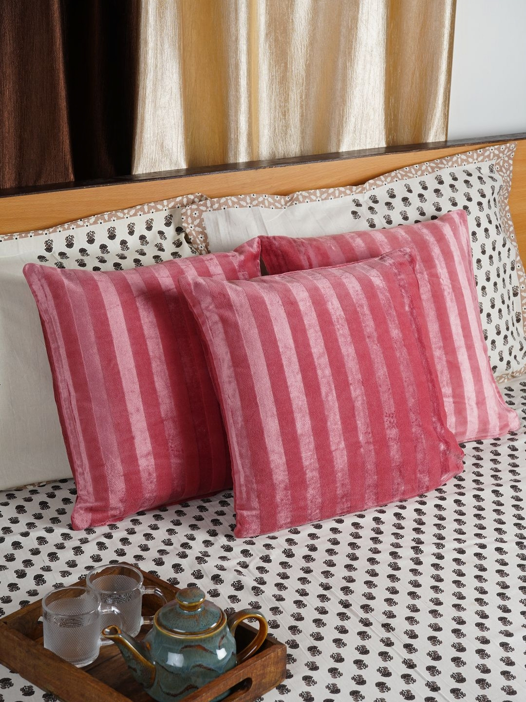 CDI Pink Striped Velvet Durable 5 Piece Square Cushion Covers -16x16In