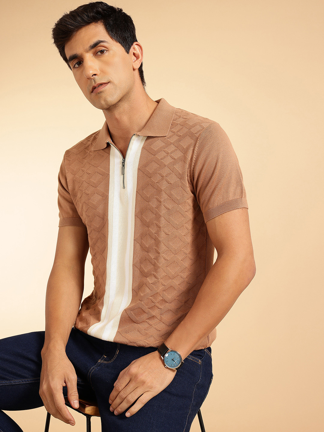 French Connection Textured Pure Cotton Polo Collar T-shirt