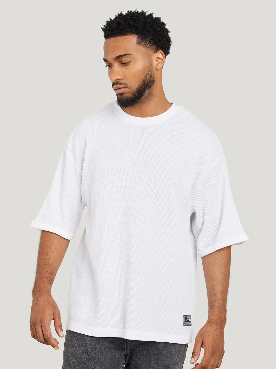 Styli Men Waffle Knit Turn Up Sleeve Oversized T Shirt