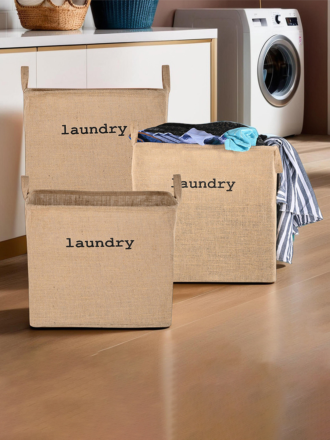 Kuber Industries 3-Pcs Brown Jute Foldable Laundry Basket With Handles